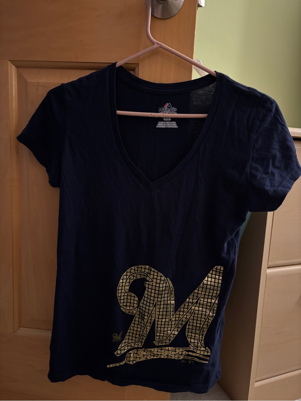 Majestic women’s Milwaukee brewers Navy V-Neck Tee with Gold foil logo